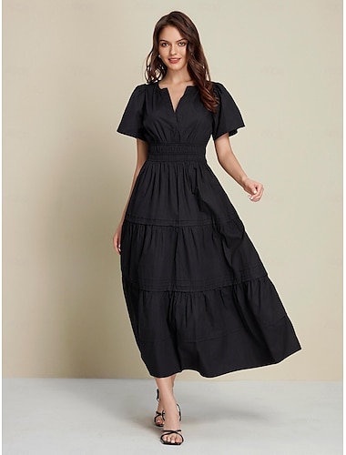 Women's Wedding Guest Black Dress Cotton Maxi Dress Essential Casual V-Neck Cinched Waist Shirred Layered Dress