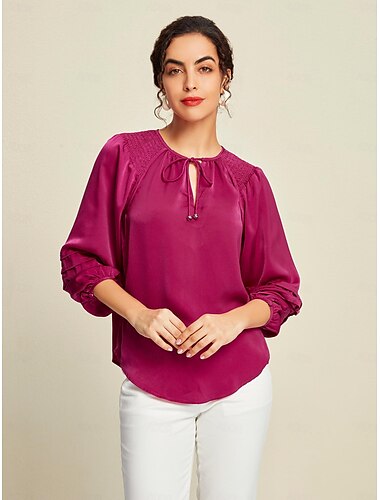 Satin Solid Shimmery Raglan Sleeve Casual Blouse