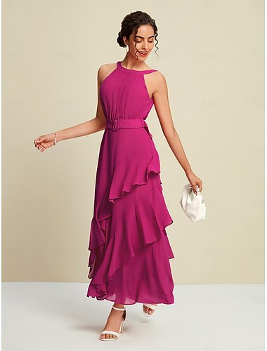 Rose Red Chiffon Party/Wedding Guest Sleeveless Ruffle Solid Maxi Party Dress dress to impress 2024