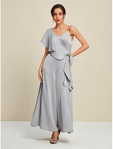 Satin Wedding Guest Cape Sleeve V Neck Party Jumpsuit