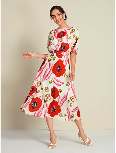 Floral Elastic Waist Half Sleeve Midi Dress