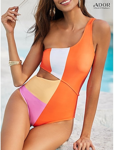 Color Block One Shoulder Cut Out Swimsuit