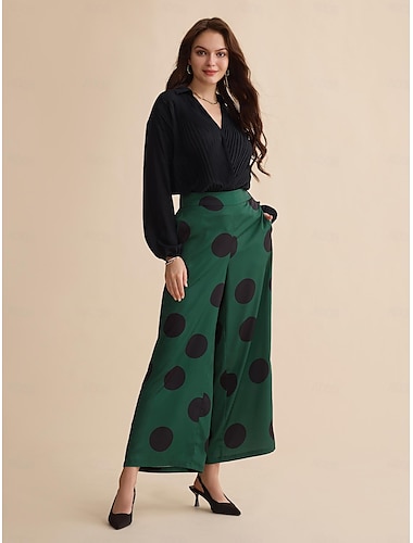 Pleated Long Sleeve Casual Deep V Shirt & Polka Dot Pants Two Piece Set