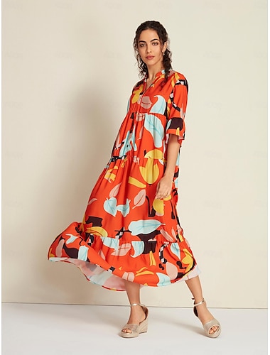 Satin Boho Floral Half Sleeve Y Neck Maxi Dress