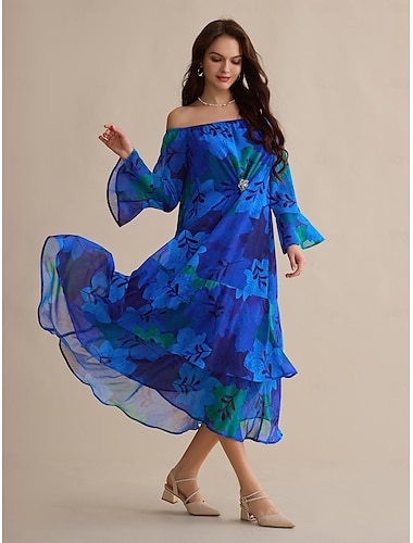 Chiffon Wedding Guest Royal Blue Floral Off Shoulder Long Sleeve Maxi Dress