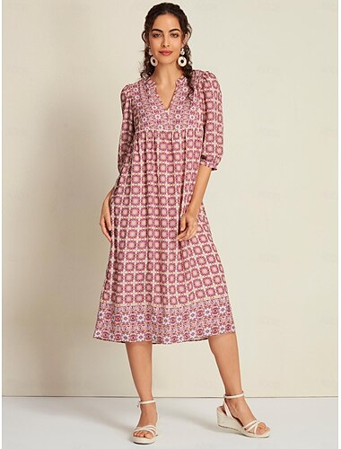 Chiffon Ethnic Floral Print Half Sleeve V Neck Midi Dress