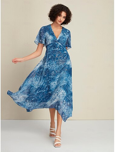 Chiffon Boho Wedding Guest Hot Stamping V Neck Midi Dress