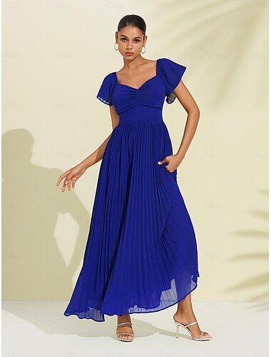 Royal Blue Chiffon Pleated Wedding Guest/Party A Line V Neck Short Sleeve Maxi Dress dress to impress 2024