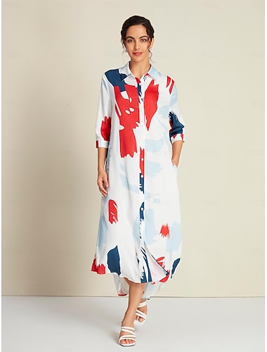 Satin Rainbow Block Pattern Maxi Shirt Dress