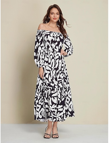 Satin Abstract Graffiti Print Off Shoulder Maxi Dress