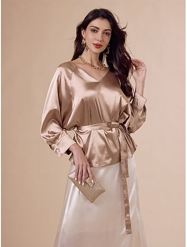 Satin Gold Belted V Neck Elegant Blouse