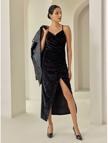 Black Velour Black Sleeveless Ruched Split Ends Elegant Party Midi Dress dress to impress 2024