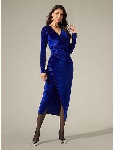 Velvet Navy Blue Glitter Elegant Party Midi Dress