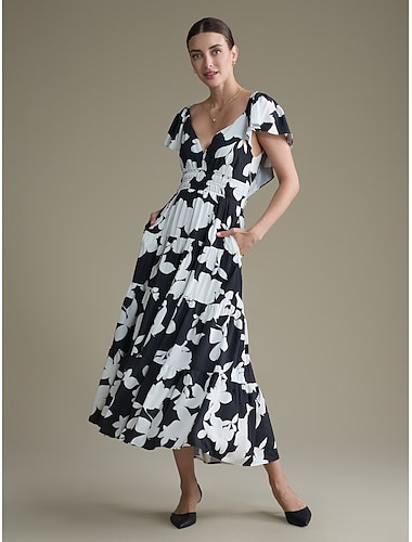 Tencel Cotton Floral V Neck Elastic Waist Maxi Dress