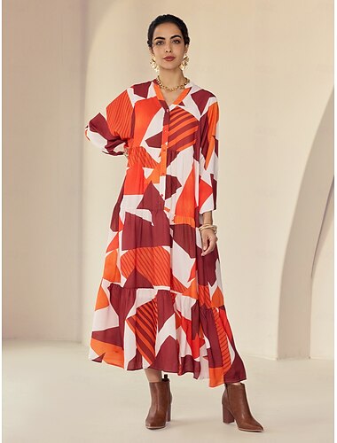 Chiffon Geometric Pattern Y Neck Casual Daily Maxi Dress