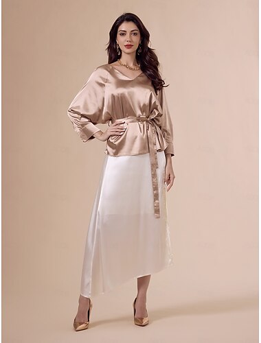 Satin Gold Belted Irregular Hem Two Piece Set