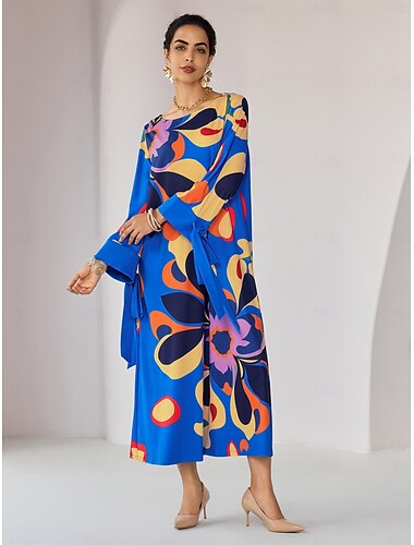 Loose Floral Printing Fall Crew Neck Elegant Casual Midi Dress