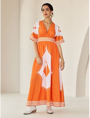 V Neck Geometric Printing Bohemia Vacation Maxi Dress