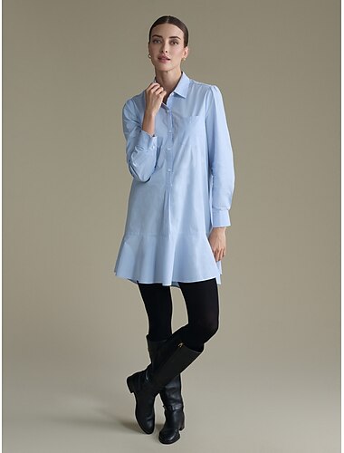 Cotton Solid Button Front Lapel Shirt Dress