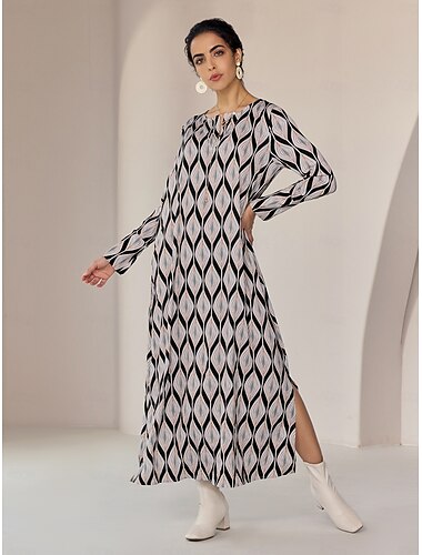 Satin Print Geometric Graphic Loose Leisure Maxi Dress