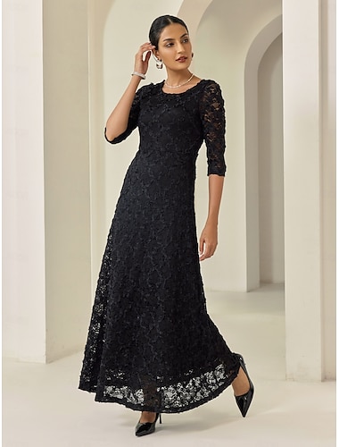 vestido longo preto de renda com manga 3/4, elegante para festa/convidado de casamento, para impressionar 2024