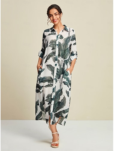 Tropical Leaves Print Maxi Dress