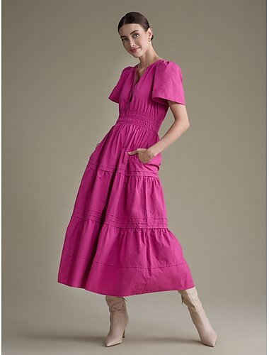 Women's Cotton Burgundy Puffed Sleeve V Neck Maxi Dress Casual Dress