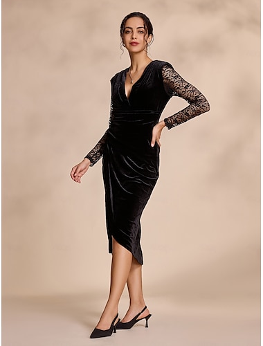 Velvet Black Lace Elegant Midi Dress