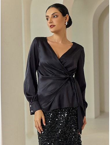 Satin Lantern Sleeve Black Elegant V Neck Blouse