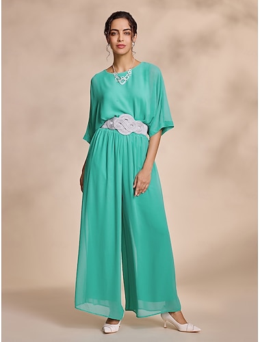 Chiffon Casual Magyar Sleeve Crew Neck Two Piece Set(Belt Not Included)