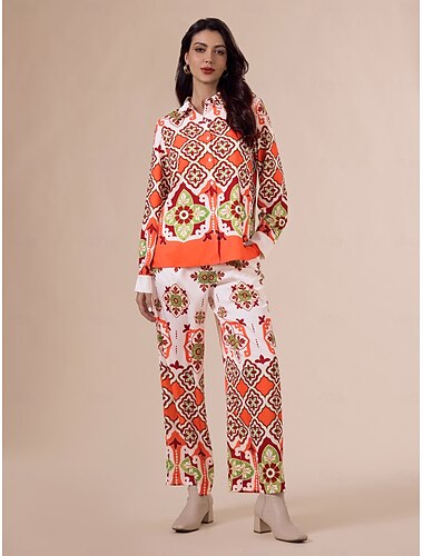 Satin Long Sleeve Bohemia Casual Shirt & Pants Two Piece Set