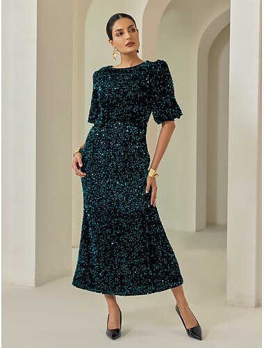 Velour Sequin Puff Sleeve Sparkly Elegant Maxi Dress