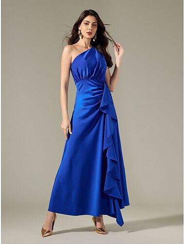 Satin Blue Sleeveless One Shoulder Ruffle Maxi Dress