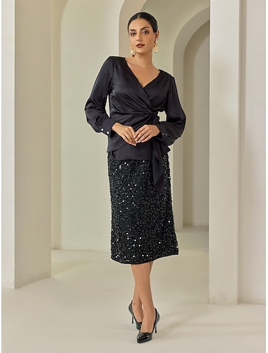 Satin Elegant V Neck Blouse & Sequined Black Skirt Two Piece Set