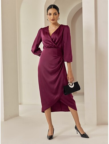 Satin Burgundy Ruched Wrap Lantern Sleeve Party/Wedding Guest Midi Dress dress to impress 2024