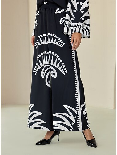 Satin Wide Leg Printing Black Pants