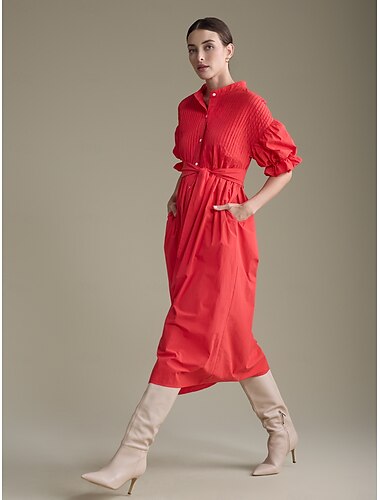 Cotton Solid Henley Collar Belted Maxi Dress