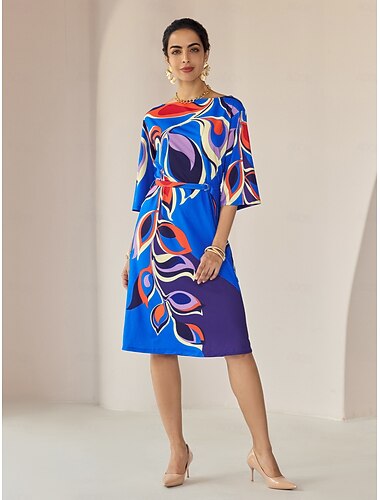 Loose Floral Printing Fall Crew Neck Daily Casual Knee Length Dress