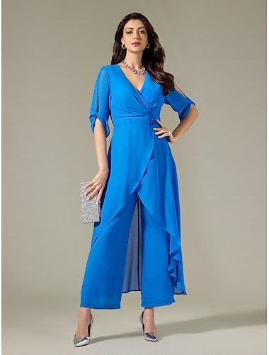 Chiffon Irregular Hem Split Sleeve Wide Leg Jumpsuit