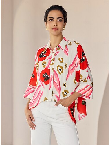 Floral Magyar Sleeve Irregular Hem Shirt Collar Casual Daily Shirt