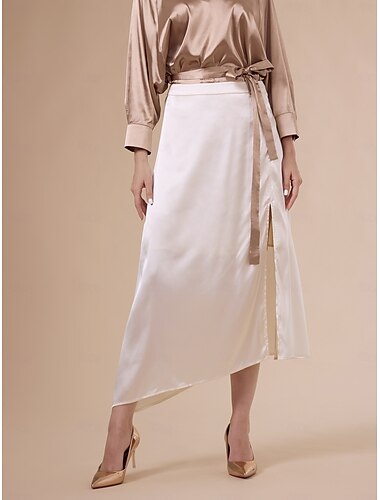 Charmeuse Beige Irregular Hem Midi Skirts