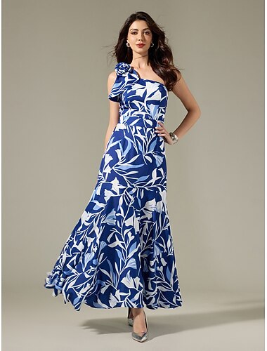 Satin Sleeveless Ruffle Flower One Shoulder Elegant Maxi Dress