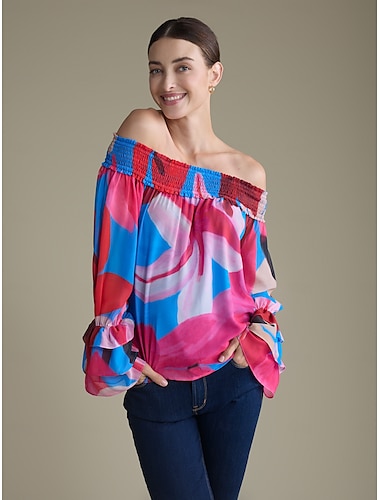 Chiffon Elastic Cuff Floral Off Shoulder Blouse