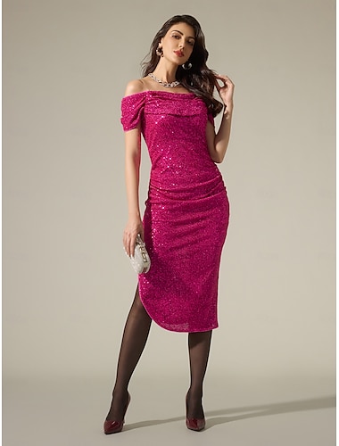 Sequin Detachable Strap Rose Red Party Midi Dress