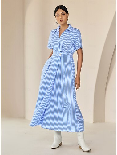 Cotton Striped Fold-over Collar Casual Shirt Maxi Dress