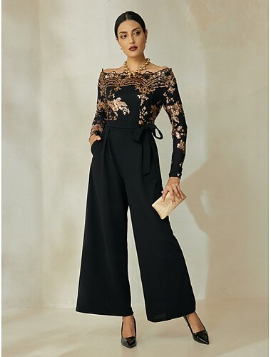 Sequin Off Shoulder Belted Jumpsuit