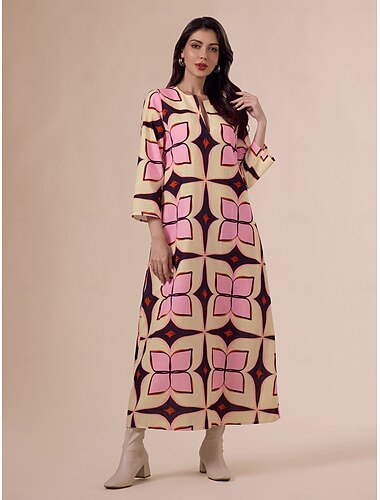 Geometric Print Notched Collar Maxi Dress