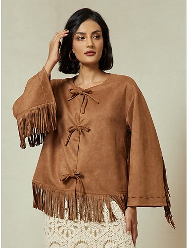 Suede Fringed Flare Cuff Sleeve Jacket