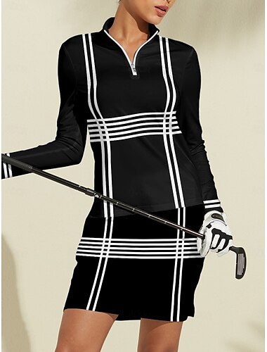  Women\'s Golf Polo Shirt Black Long Sleeve Sun Protection Top Stripes Fall Winter Ladies Golf Attire Clothes Outfits Wear Apparel