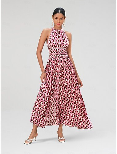 Femme Vêtements de villégiature Robe Maxi Rose Claire Sans Manches Géométrique Garniture en dentelle Printemps été Dos nu Elégant vacances à la plage S M L